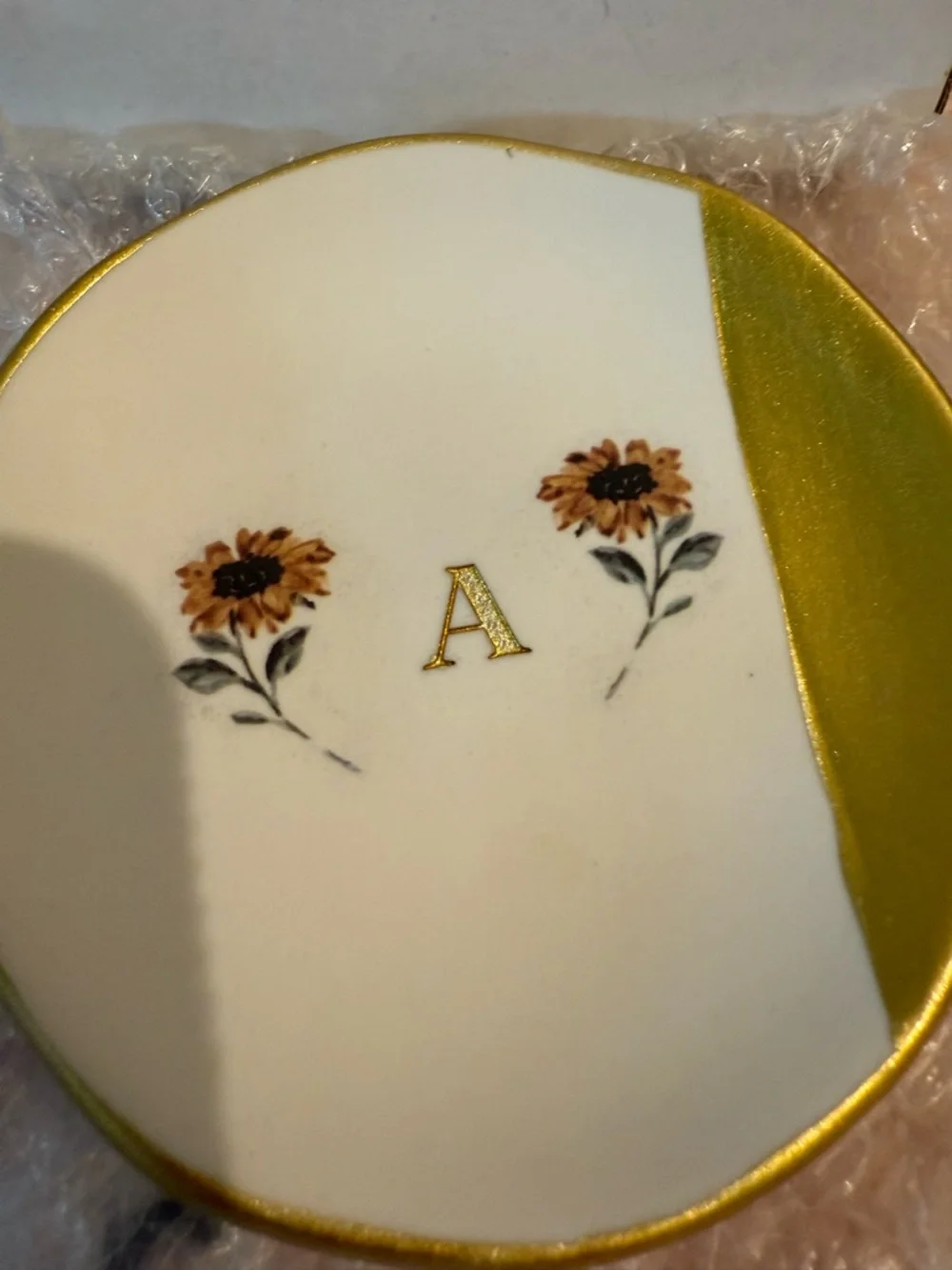 Monogram 'A' Ceramic Ring Dish with Sunflower Motif - White & Gold